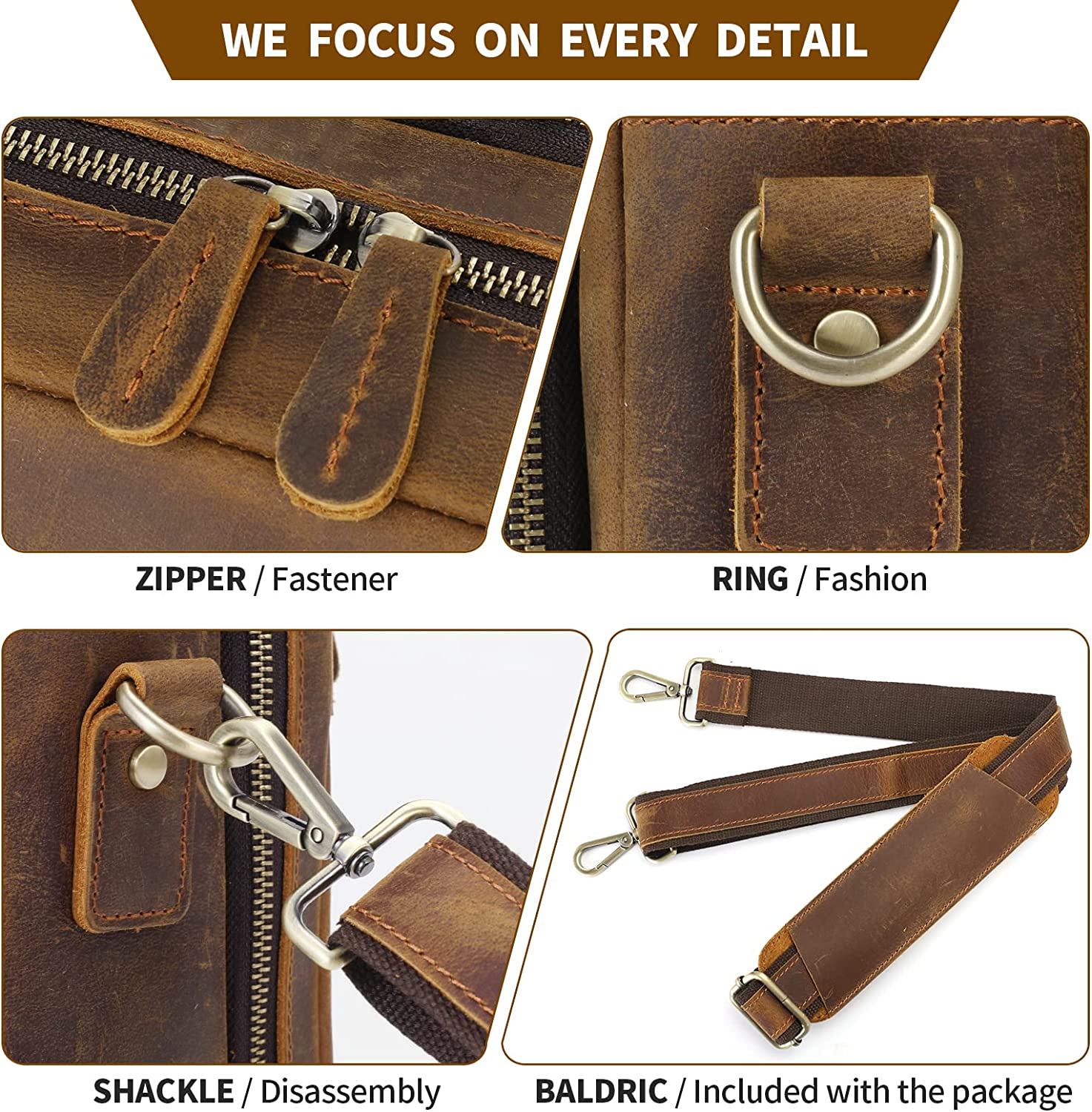 Ringsun Leather Briefcase for Men Large Satchel Bags, Mens Business Travel Case Messenger Bag, Fits 15.6" Leather Laptop Bag - Image 4